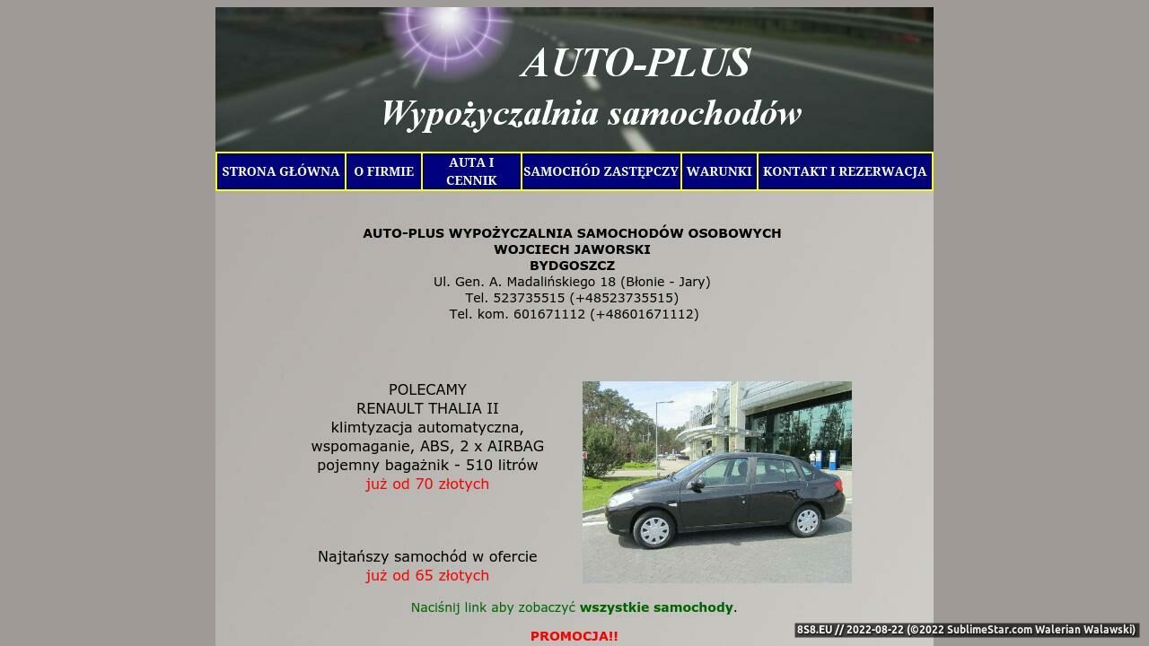 Zrzut ekranu Wypożyczalnia samochodów Bydgoszcz AUTO-PLUS