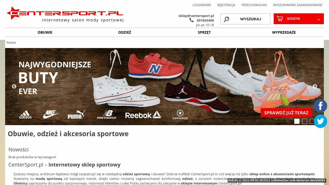 Zrzut ekranu Centersport: Buty Adidas, Nike, Puma, Fruit of the Loom
