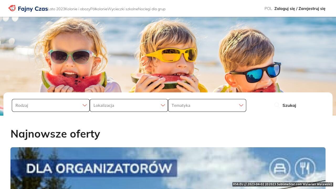 Wyszukiwarka wyjazdów dla dzieci (strona fajnyczas.pl - Fajny Czas)