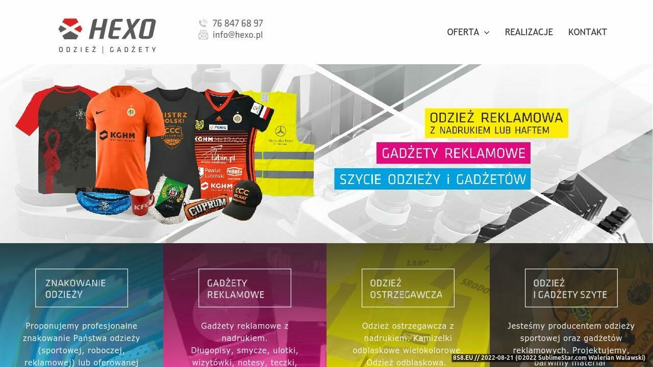 Zrzut ekranu Agencja Reklamowa HEXO - Nadruki na odziez