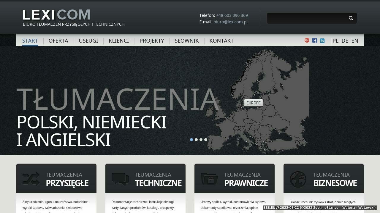 Wizytówka biura tłumaczeń z języka niemieckiego (strona www.lexicom.pl - Biuro Tłumaczeń Lexicom)