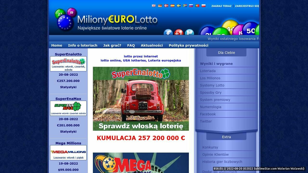 Zrzut ekranu Lotto przez internet, wyniki losowań, statystyki