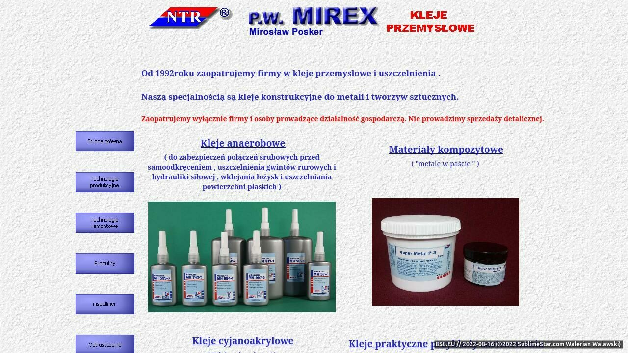 P.W. MIREX Kleje Przemysłowe (strona www.mirexntr.com.pl - Mirexntr.com.pl)