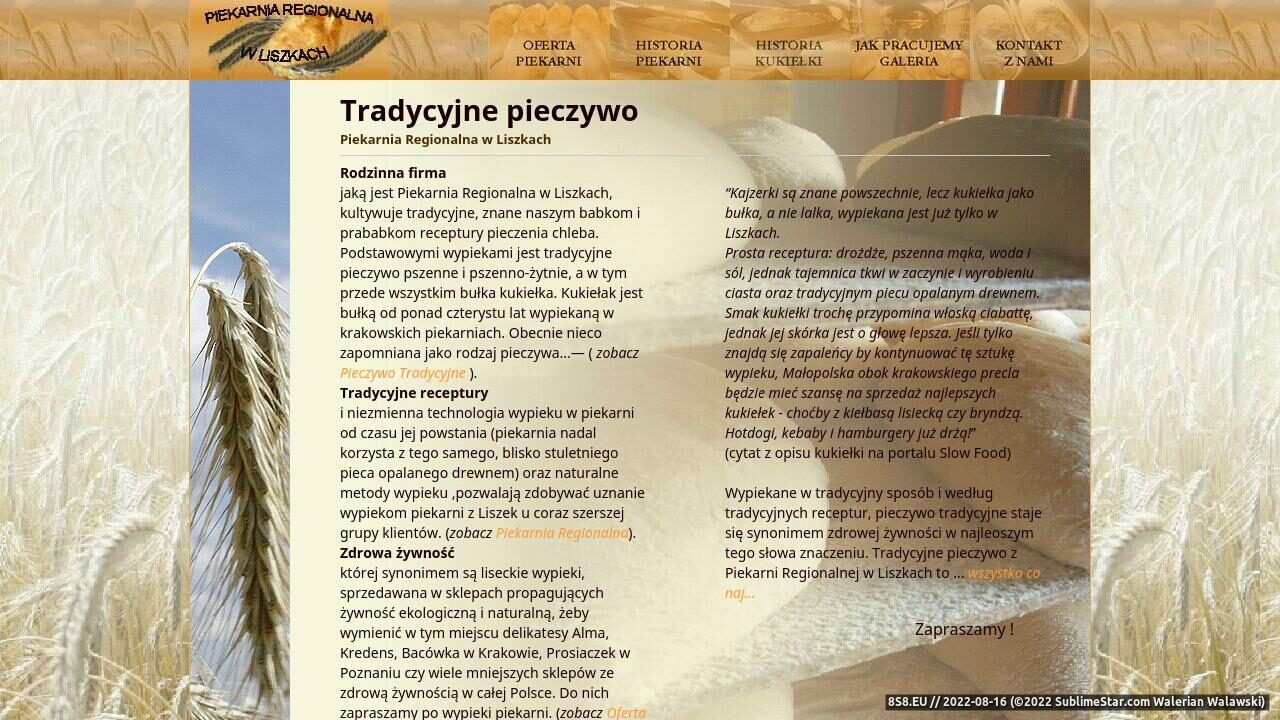 Zrzut ekranu Piekarnia Regionalna w Liszkach - tradycyjne pieczywo regionalne
