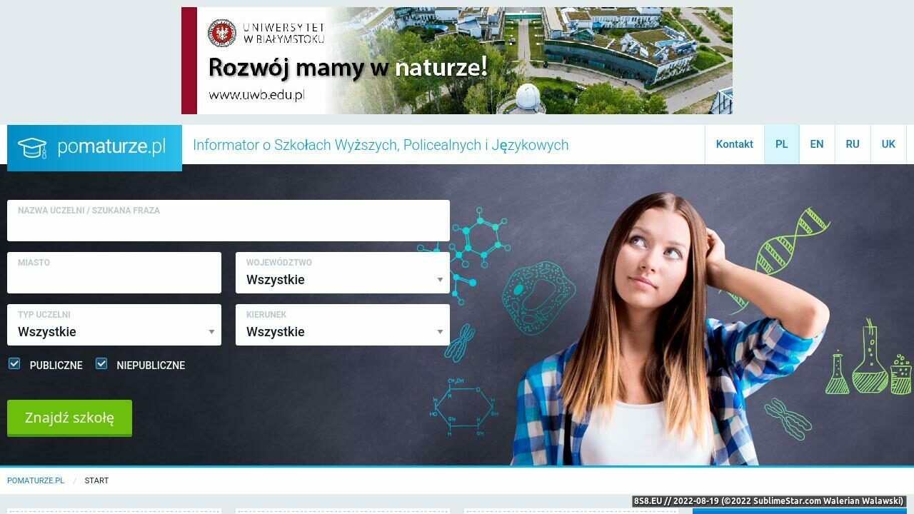 Zrzut ekranu Informator o szkołach wyższych, policealnych i językowych