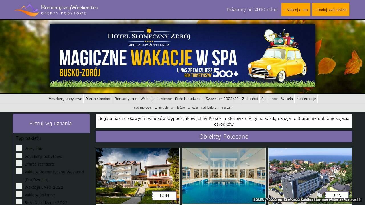 Strona zawiera pakiety pobytowe polskich hoteli (strona www.romantycznyweekend.eu - Romantycznyweekend.eu)