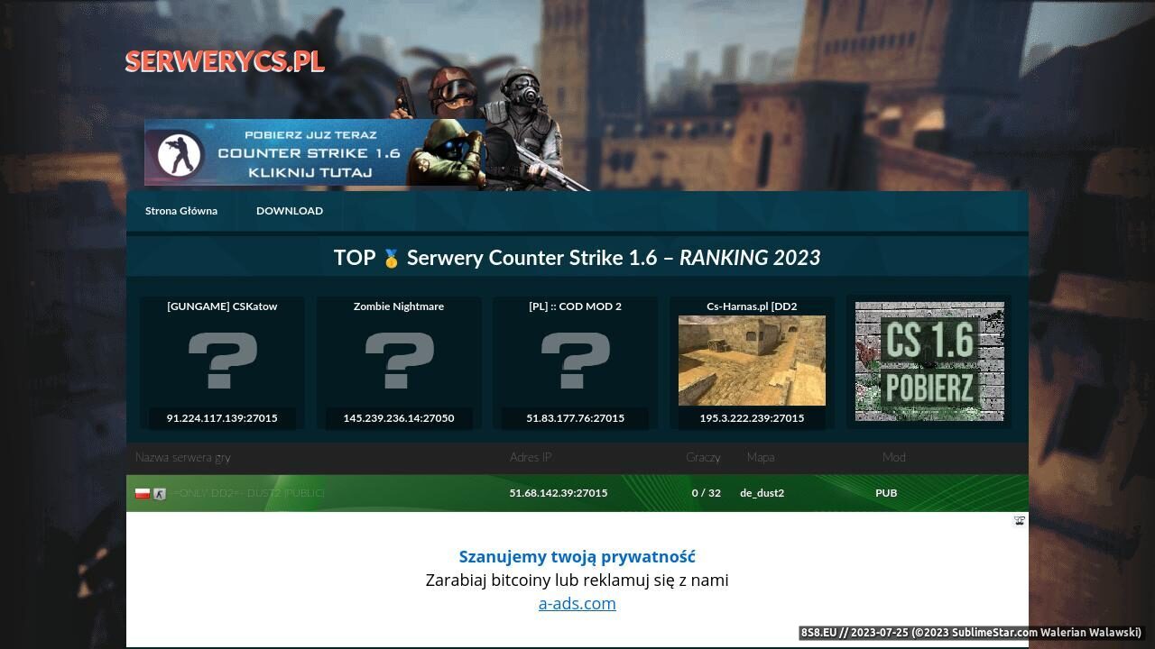 Reklama serwerów Counter Strike 1.6 (strona serwerycs.pl - Serwery Cs 1.6 Non Steam)