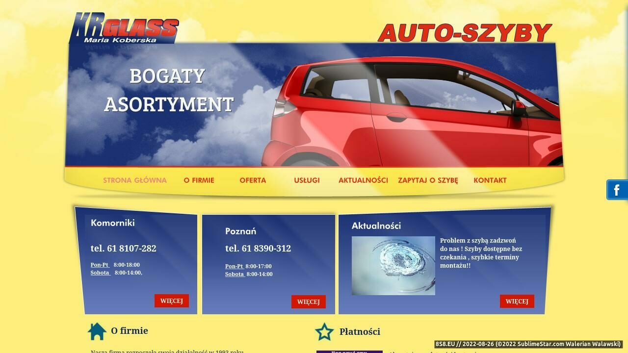 Zrzut ekranu Szyby Samochodowe Auto Szyby K.R.GLASS - wysyłka szyb