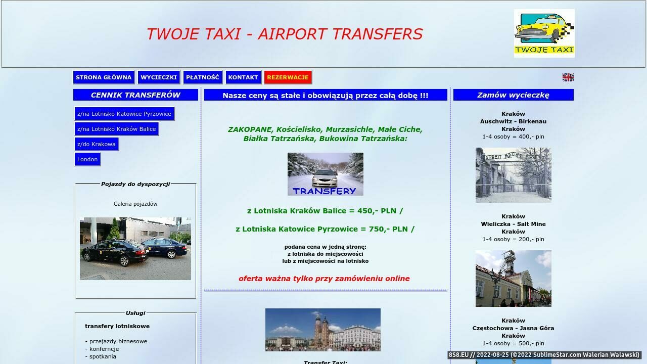 Zrzut ekranu Taxi lotnisko Kraków Balice, Katowice, Zakopane