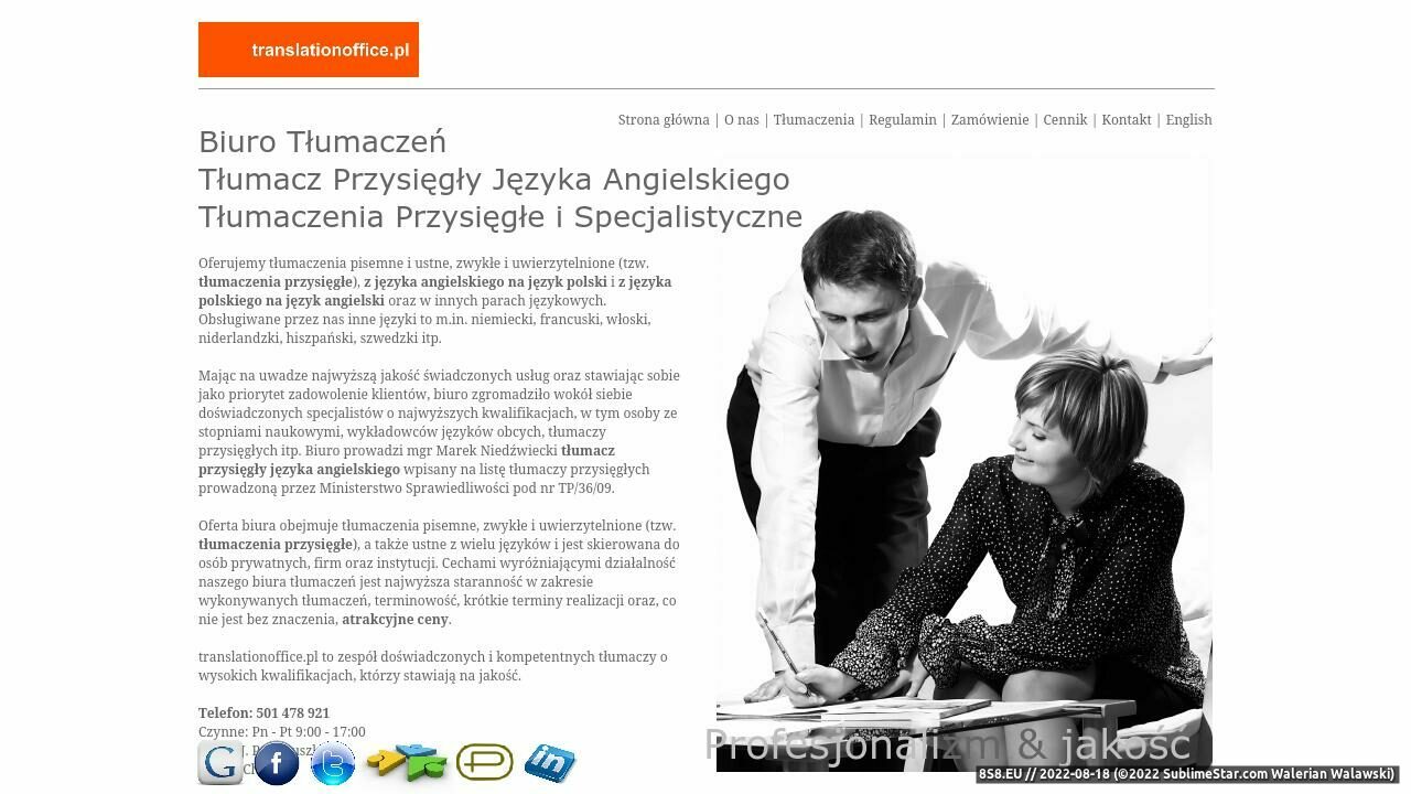 Zrzut ekranu Biuro Tłumaczeń - translationoffice.pl